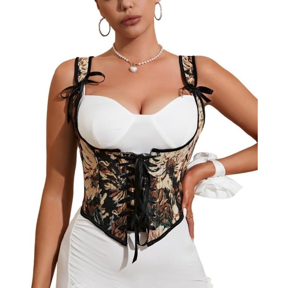 Vintage Floral Woman's Underbust Corset Bustier Top Lace-Up Support